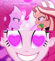 Size: 1280x1436 | Tagged: safe, edit, screencap, pinkie pie, sunset shimmer, better together, coinky-dink world, eqg summertime shorts, equestria girls, sunset's backstage pass!, female, lesbian, meme, pinkie the shipper, pinkie's eyes, shipping, sunsetpie