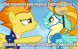 Size: 739x467 | Tagged: safe, derpibooru import, lightning dust, spitfire, wonderbolts academy, broken dreams, fridge horror, image macro, text, wonderbolt trainee uniform