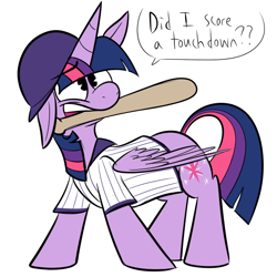 Size: 700x700 | Tagged: safe, artist:karpet-shark, derpibooru import, twilight sparkle, twilight sparkle (alicorn), alicorn, pony, adorkable, baseball, clothes, cute, dork, female, floppy ears, helmet, mare, mouth hold, shirt, smiling, solo, sports, twily-daily