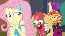 Size: 1161x653 | Tagged: safe, edit, edited screencap, screencap, fluttershy, sunset shimmer, better together, choose your own ending, costume conundrum, costume conundrum: sunset shimmer, equestria girls, clothes, geode of fauna, hot dog costume, magical geodes, parody