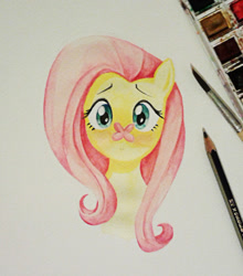 Size: 1400x1593 | Tagged: safe, artist:verygood91, fluttershy, butterfly, pegasus, pony, :>, blushing, cute, looking at you, shyabetes, solo, traditional art, watercolor painting