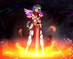 Size: 3241x2600 | Tagged: safe, artist:scorpdk, princess celestia, human, alternate hairstyle, armor, badass, female, fire, humanized, lightning, pony coloring, solo, story in the comments, sword, warrior celestia, weapon, winged humanization