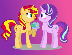 Size: 1060x800 | Tagged: safe, artist:jadethepegasus, artist:mixelfangirl100, starlight glimmer, sunset shimmer, pony, unicorn, base used, blushing, bouquet, female, flower, lesbian, looking at each other, mare, raised hoof, shimmerglimmer, shipping