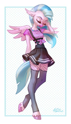 Size: 1179x2067 | Tagged: safe, artist:holivi, silverstream, anthro, classical hippogriff, hippogriff, unguligrade anthro, clothes, eyes closed, female, fishnet stockings, front knot midriff, leg focus, legs, midriff, miniskirt, overalls, pleated skirt, skinny, skirt, socks, solo, stockings, suspenders, thigh highs, unshorn fetlocks