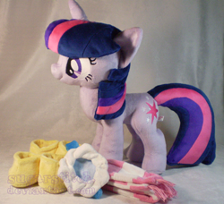 Size: 834x760 | Tagged: safe, artist:sugarstitch, derpibooru import, twilight sparkle, winter wrap up, accessories, clothes, irl, photo, plushie, saddle, scarf, solo