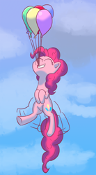 Size: 900x1630 | Tagged: safe, artist:alloco, pinkie pie, earth pony, pony, balloon, eyes closed, female, floating, hooves to the chest, mare, mouth hold, sky, smiling, solo, then watch her balloons lift her up to the sky