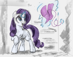 Size: 2502x1973 | Tagged: safe, artist:thefloatingtree, rarity, pony, unicorn, colored sketch, fabric, female, glowing horn, magic, mare, raised hoof, sewing, smiling, solo