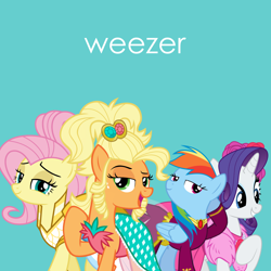 Size: 2400x2400 | Tagged: safe, artist:stratmlp, derpibooru import, applejack, fluttershy, rainbow dash, rarity, earth pony, pegasus, pony, unicorn, album cover, clothes, dress, female, looking at you, mare, parody, quartet, weezer