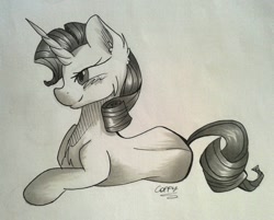 Size: 1354x1088 | Tagged: safe, artist:coffytacotuesday, rarity, pony, unicorn, monochrome, prone, solo, traditional art