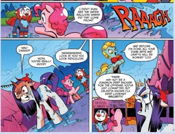 Size: 1064x819 | Tagged: safe, artist:andypriceart, idw, lightning dust, pinkie pie, rarity, earth pony, pegasus, pony, unicorn, siege of the crystal empire, spoiler:comic, spoiler:comic34, angry, clown, comic, female, mare, official comic, ponified, red face, running makeup, water, water balloon, wet, wet mane, wet mane rarity