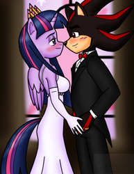 Size: 1268x1645 | Tagged: safe, artist:sonigoku, derpibooru import, twilight sparkle, twilight sparkle (alicorn), alicorn, anthro, abomination, background pony strikes again, clothes, crossover, crossover shipping, crown, dress, evening gloves, evil, female, loving gaze, male, marriage, new crown, nope, ring, shadow, shadow the hedgehog, shadtwi, sonic the hedgehog (series), straight, tuxedo, wat, wedding, wedding dress