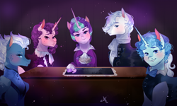 Size: 1380x828 | Tagged: safe, artist:bunnari, double diamond, night glider, party favor, starlight glimmer, sugar belle, pony