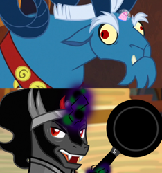 Size: 1500x1600 | Tagged: safe, derpibooru import, edit, edited screencap, screencap, grogar, king sombra, pony, unicorn, the beginning of the end, derp, frying pan, hitting