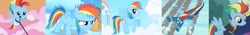 Size: 3444x480 | Tagged: safe, derpibooru import, screencap, rainbow dash, pegasus, pony, parental glideance, the cutie mark chronicles, the last problem, age progression, baby, baby dash, clothes, cloud, cloudy, colt, female, filly, flying, goggles, mare, older, older rainbow dash, opening, rainbow, sky, solo, theme song, uniform, wonderbolts, wonderbolts uniform, younger