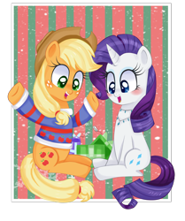 Size: 2126x2540 | Tagged: safe, artist:lucy-tan, applejack, rarity, earth pony, pony, unicorn, clothes, female, lesbian, rarijack, shipping, sweater