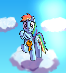 Size: 914x1014 | Tagged: safe, artist:platinumdrop, derpibooru import, rainbow dash, pegasus, pony, cloud, ribbon, second place, shadow, solo, standing on cloud