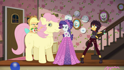 Size: 1366x768 | Tagged: safe, screencap, applejack, fluttershy, posey, rarity, sunset shimmer, costume conundrum, costume conundrum: applejack, equestria girls, equestria girls series, g1, spoiler:choose your own ending (season 2), spoiler:eqg series (season 2), balloon, bow, bulk biceps' home, clothes, costume, costume party, dress, pony costume, ripped pants, sleeveless, tail bow, vampire shimmer, wig, wooyoo