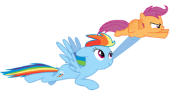 Size: 1204x663 | Tagged: safe, artist:martinnus1, derpibooru import, rainbow dash, scootaloo, pegasus, pony, sleepless in ponyville, best pony, cute, cutealoo, duo, female, filly, flapping, flying, flying lesson, heartwarming, holding, holding a pony, mare, raised hoof, scootalove, simple background, sisterly love, smiling, transparent background, vector, windswept mane, wings