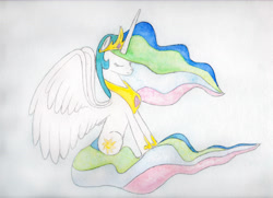 Size: 4673x3380 | Tagged: safe, artist:marinesparkle, princess celestia, alicorn, pony, absurd resolution, sitting, solo, spread wings, traditional art