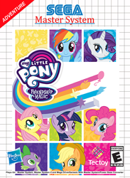 Size: 728x997 | Tagged: safe, derpibooru import, edit, applejack, fluttershy, pinkie pie, rainbow dash, rarity, spike, twilight sparkle, twilight sparkle (alicorn), alicorn, dragon, earth pony, pegasus, pony, unicorn, cover, esrb, mane six, sega, sega master system