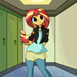 Size: 2880x2880 | Tagged: safe, alternate version, artist:tjpones, sunset shimmer, equestria girls, canterlot high, cute, lockers, looking at you, shimmerbetes, solo, textless version