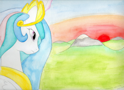 Size: 1600x1161 | Tagged: safe, artist:marinesparkle, princess celestia, alicorn, pony, magic, solo, sun work, sunrise, traditional art