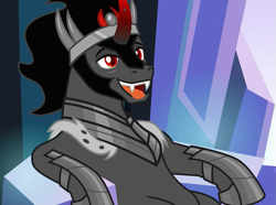 Size: 967x720 | Tagged: safe, derpibooru import, edit, edited screencap, screencap, king sombra, pony, unicorn, the beginning of the end, cropped, lidded eyes, male, open mouth, sitting, solo, stallion, stupid sexy sombra, tongue out