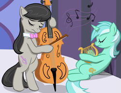 Size: 857x661 | Tagged: safe, artist:explosivegent, lyra heartstrings, octavia melody, earth pony, pony, cello, lyre, musical instrument