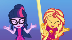 Size: 1920x1080 | Tagged: safe, screencap, sci-twi, sunset shimmer, twilight sparkle, better together, equestria girls, i'm on a yacht, cute, dancing, duo, duo female, female, geode of empathy, glasses, happy, magical geodes, open mouth, ponytail, shimmerbetes, smiling, twiabetes