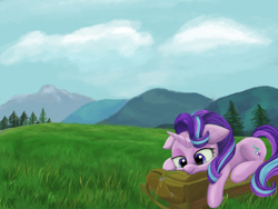 Size: 4000x3000 | Tagged: safe, artist:flusanix, starlight glimmer, pony, unicorn, bag, high res, hiking, lying down, mountain, solo