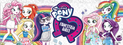 Size: 750x279 | Tagged: safe, artist:ritalux, applejack, fluttershy, pinkie pie, rainbow dash, rarity, sci-twi, sunset shimmer, twilight sparkle, better together, equestria girls, alternate hairstyle, equestria girls logo, hatless, humane five, humane seven, humane six, loose hair, missing accessory, music festival outfit, new outfit, official, official art, ponied up, stock vector