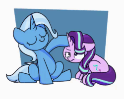 Size: 560x448 | Tagged: safe, artist:sugar morning, starlight glimmer, trixie, pony, unicorn, abstract background, animated, cute, duo, eyes closed, frame by frame, head pat, pat, patting, petting, starlight is not amused, sugar morning is trying to murder us, unamused