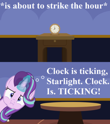 Size: 1244x1402 | Tagged: safe, artist:agrol, edit, starlight glimmer, pony, unicorn, clock, clock is ticking, headmare of the school, text, thinking, uh oh