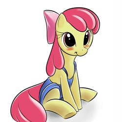 Size: 900x900 | Tagged: safe, artist:kloudmutt, apple bloom, blushing, clothes, one-piece swimsuit, overalls, sitting, swimsuit