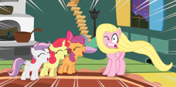 Size: 1024x508 | Tagged: safe, apple bloom, fluttershy, scootaloo, sweetie belle, pegasus, pony, stare master, cutie mark crusaders, palette swap, reverse colors