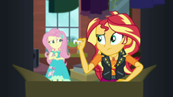 Size: 1920x1080 | Tagged: safe, screencap, fluttershy, sunset shimmer, better together, choose your own ending, costume conundrum, costume conundrum: sunset shimmer, equestria girls, fake fangs, fangs, female, geode of empathy, geode of fauna, magical geodes, sunset's apartment