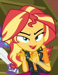 Size: 840x1080 | Tagged: safe, screencap, rarity, sunset shimmer, better together, choose your own ending, costume conundrum, equestria girls, cropped, evil grin, geode of empathy, logo, magical geodes, open mouth, out of context, smiling, sunset's apartment, tongue out