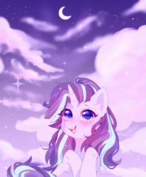 Size: 1266x1536 | Tagged: safe, artist:whiteliar, starlight glimmer, pony, unicorn, cloud, colored pupils, constellation, crescent moon, cute, female, glimmerbetes, mare, moon, night, open mouth, sky, smiling, solo, stars
