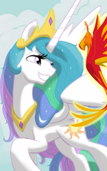 Size: 1200x1920 | Tagged: safe, artist:theroyalprincesses, philomena, princess celestia, alicorn, phoenix, pony, crown, cute, cutelestia, duo, grin, jewelry, lidded eyes, pet, raised hoof, regal, regalia, smiling, spread wings