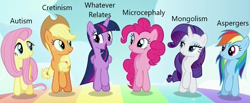 Size: 1015x419 | Tagged: safe, derpibooru import, edit, edited screencap, screencap, applejack, fluttershy, pinkie pie, rainbow dash, rarity, twilight sparkle, twilight sparkle (alicorn), alicorn, earth pony, pegasus, pony, unicorn, all bottled up, asperger's syndrome, autism, caption, cretinism, down syndrome, image macro, microcephaly, op is a cuck, text