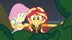 Size: 1920x1080 | Tagged: safe, screencap, fluttershy, sunset shimmer, better together, choose your own ending, costume conundrum, costume conundrum: sunset shimmer, equestria girls, box, excited, geode of empathy, geode of fauna, magical geodes, scared, sunset's apartment