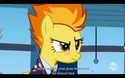 Size: 1024x640 | Tagged: safe, derpibooru import, screencap, spitfire, wonderbolts academy, black bars, youtube caption