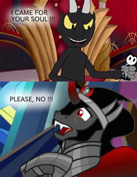 Size: 1400x1800 | Tagged: safe, artist:toucanldm, derpibooru import, edit, edited screencap, screencap, king sombra, pony, unicorn, the beginning of the end, barely pony related, bendy, bendy and the ink machine, crossover, cuphead, cuphead meets mlp, devil, studio mdhr, the devil