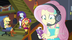 Size: 1920x1080 | Tagged: safe, screencap, applejack, fluttershy, rarity, sunset shimmer, better together, costume conundrum, equestria girls, phone, sunset's apartment