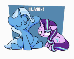 Size: 560x448 | Tagged: safe, artist:sugar morning, edit, starlight glimmer, trixie, pony, unicorn, abstract background, animated, cute, duo, eyes closed, frame by frame, implied anon, starlight is not amused, text, unamused, waving