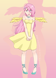 Size: 1500x2100 | Tagged: safe, artist:pettankoprincess, fluttershy, human, blushing, choker, clothes, cute, dress, hair over one eye, hairclip, high heels, humanized, looking away, open mouth, shy, smiling, solo, spread wings, sundress, winged humanization