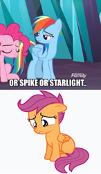 Size: 863x1479 | Tagged: safe, derpibooru import, edit, edited screencap, screencap, pinkie pie, rainbow dash, scootaloo, earth pony, pegasus, pony, the beginning of the end, caption, image macro, implied spike, implied starlight glimmer, sad, text