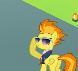 Size: 499x456 | Tagged: safe, derpibooru import, screencap, spitfire, wonderbolts academy, cropped, drill sergeant, female, looking up, mare, plot, smiling, smirk, sunglasses, whistle