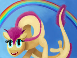 Size: 868x653 | Tagged: safe, artist:musikhin, fluttershy, fangs, long pony, looking up, rainbow, smiling, solo, species swap, terraria