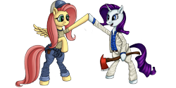 Size: 2560x1280 | Tagged: safe, artist:bra1neater, fluttershy, rarity, pegasus, pony, unicorn, axe, clothes, ellis, hat, high five, hoofbump, jeans, left 4 dead, nick, snapback, suit